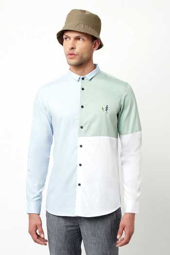 Buy Lacquer Embassy Blue 100% Cotton Leaf Azul Colorblock Shirt at Aza Fashions Buy_Lacquer Embassy_Blue 100% Cotton Leaf Azul Colorblock Shirt _at_Aza_Fashions