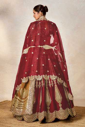 Shop Masaba Wine Organza, Embroidery, Metallic Gajar Halwa Bridal Lehenga Set at Aza Fashions Shop_Masaba_Wine Organza, Embroidery, Metallic Gajar Halwa Bridal Lehenga Set _at_Aza_Fashions