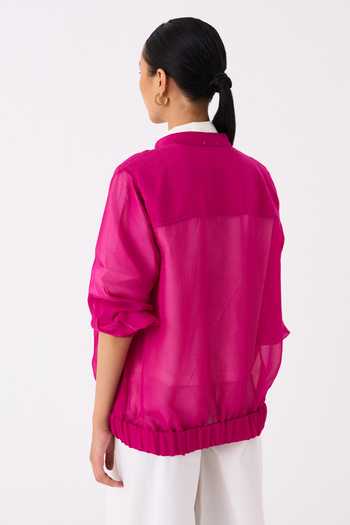 Shop Three Pink Organza Embroidery Mandarin Collar Blossom Applique Bomber Jacket at Aza Fashions Shop_Three_Pink Organza Embroidery Mandarin Collar Blossom Applique Bomber Jacket _at_Aza_Fashions