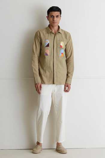 Artless_Beige Cotton Linen Thread Sun And Shadows Shirt _at_Aza_Fashions
