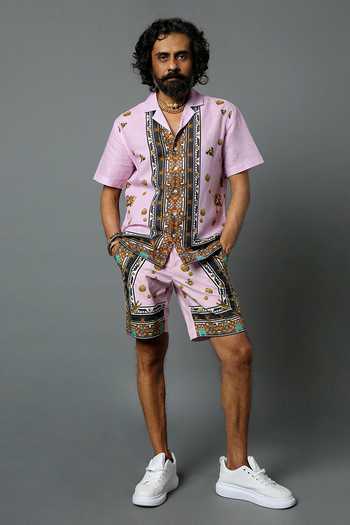 House Of Three_Pink Cotton Poplin Jewel Mural Hawaiian Shorts _Online_at_Aza_Fashions