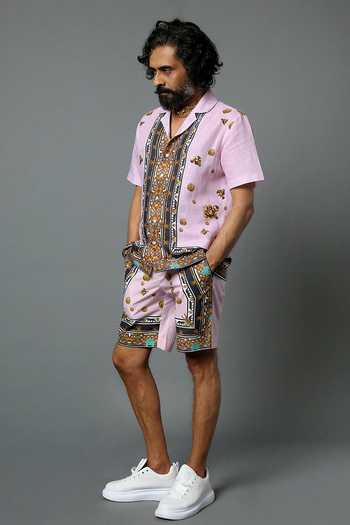 Buy_House Of Three_Pink Cotton Linen Jewel Mural Hawaiian Shorts 