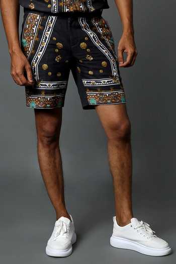 Shop House Of Three Black Cotton Poplin Jewel Mural Hawaiian Shorts Online at Aza Fashions Shop_House Of Three_Black Cotton Poplin Jewel Mural Hawaiian Shorts _Online_at_Aza_Fashions