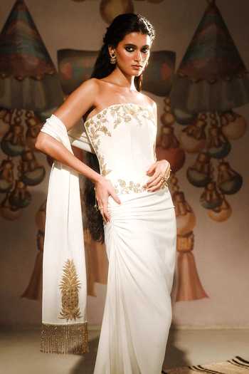 Shop Masaba Ivory Crepe Cut Work, Sequins, Metallic Thread, The Thandai Corset And Skirt Set Shop_Masaba_Ivory Crepe Cut Work, Sequins, Metallic Thread, The Thandai Corset And Skirt Set