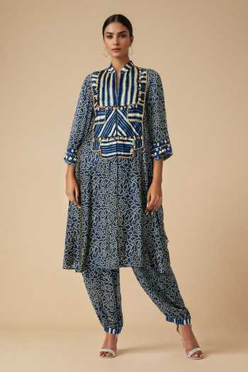 Shop_Gulabo By Abu Sandeep_Blue Modal, Satin Embroidery Collared Bandhani Print Asymmetric Kurta _Online_at_Aza_Fashions