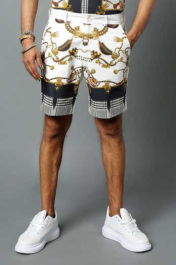 Shop_House Of Three_White Cotton Linen Jewel Dravida Print Shorts _Online_at_Aza_Fashions