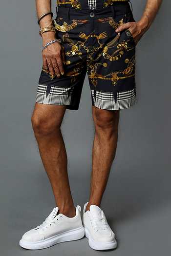 Shop_House Of Three_Black Cotton Linen Jewel Dravida Print Shorts _Online_at_Aza_Fashions