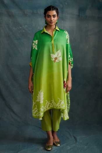 Krishna Mehta_Green Modal Embroidery Collared Floral Hand Painted Ombre Shirt Tunic _Online_at_Aza_Fashions