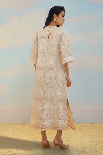 Dash And Dot Cutwork Embroidered Scalloped Midi Dress 