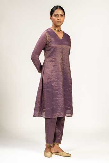 Buy KAJAL AGRAWAL Purple Cotton, Chanderi V-neck, Yes Handwoven Zari Kurta And Pant Set Online at Aza Fashions Buy_KAJAL AGRAWAL_Purple Cotton, Chanderi V-neck, Yes Handwoven Zari Kurta And Pant Set _Online_at_Aza_Fashions