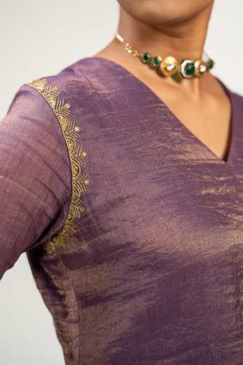 Shop KAJAL AGRAWAL Purple Cotton, Chanderi V-neck, Yes Handwoven Zari Kurta And Pant Set Online at Aza Fashions Shop_KAJAL AGRAWAL_Purple Cotton, Chanderi V-neck, Yes Handwoven Zari Kurta And Pant Set _Online_at_Aza_Fashions
