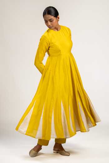 Buy KAJAL AGRAWAL Yellow Chanderi Silk, Cotton Round Neck Handwoven Anarkali Set Online at Aza Fashions Buy_KAJAL AGRAWAL_Yellow Chanderi Silk, Cotton Round Neck Handwoven Anarkali Set _Online_at_Aza_Fashions