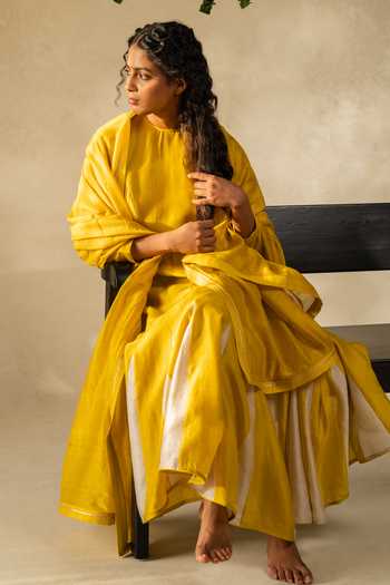 Buy KAJAL AGRAWAL Yellow Chanderi Silk, Cotton Round Neck Handwoven Anarkali Set Buy_KAJAL AGRAWAL_Yellow Chanderi Silk, Cotton Round Neck Handwoven Anarkali Set