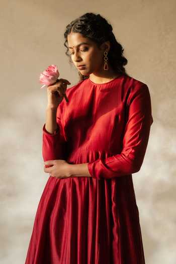 Shop KAJAL AGRAWAL Wine Cotton, Chanderi Silk Round Neck Handwoven Anarkali Set Online at Aza Fashions Shop_KAJAL AGRAWAL_Wine Cotton, Chanderi Silk Round Neck Handwoven Anarkali Set _Online_at_Aza_Fashions