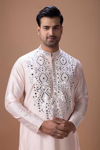 Priyanka Haralalka Pink Silk, Cotton Mirror Work Kurta And Pyjama Set Online at Aza Fashions Priyanka Haralalka_Pink Silk, Cotton Mirror Work Kurta And Pyjama Set _Online_at_Aza_Fashions