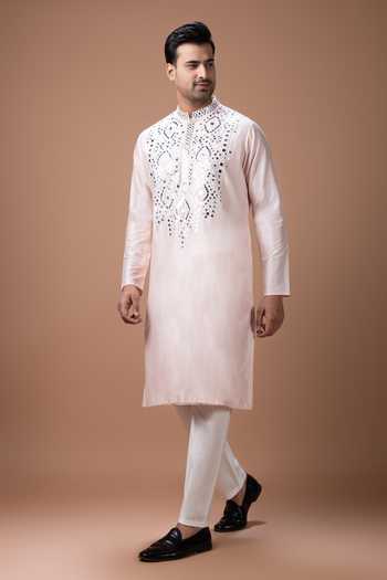 Shop Priyanka Haralalka Pink Silk, Cotton Mirror Work Kurta And Pyjama Set Online at Aza Fashions Shop_Priyanka Haralalka_Pink Silk, Cotton Mirror Work Kurta And Pyjama Set _Online_at_Aza_Fashions