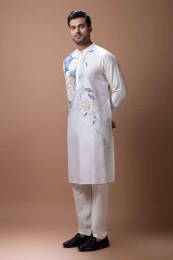 Shop Priyanka Haralalka Off White Silk, Cotton Hand Painted And Embroidered Kurta Set Online at Aza Fashions Shop_Priyanka Haralalka_Off White Silk, Cotton Hand Painted And Embroidered Kurta Set _Online_at_Aza_Fashions