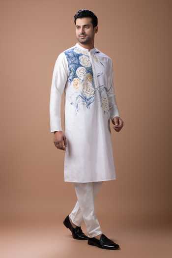 Priyanka Haralalka Off White Silk, Cotton Hand Painted And Embroidered Kurta Set at Aza Fashions Priyanka Haralalka_Off White Silk, Cotton Hand Painted And Embroidered Kurta Set _at_Aza_Fashions