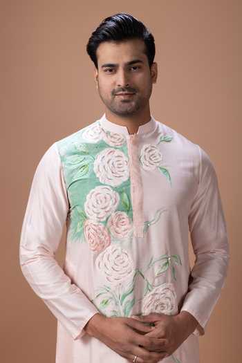 Priyanka Haralalka Pink Silk, Cotton Hand Painted And Embroidered Kurta Set Online at Aza Fashions Priyanka Haralalka_Pink Silk, Cotton Hand Painted And Embroidered Kurta Set _Online_at_Aza_Fashions