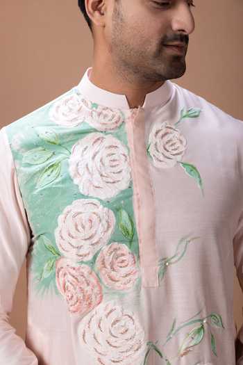 Shop Priyanka Haralalka Pink Silk, Cotton Hand Painted And Embroidered Kurta Set Shop_Priyanka Haralalka_Pink Silk, Cotton Hand Painted And Embroidered Kurta Set