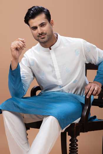 Priyanka Haralalka Blue Silk, Cotton Embroidered Kurta And Pyjama Set at Aza Fashions Priyanka Haralalka_Blue Silk, Cotton Embroidered Kurta And Pyjama Set _at_Aza_Fashions