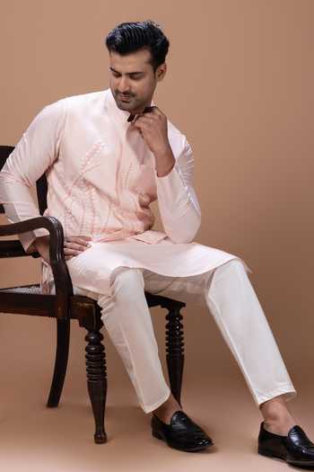 Shop_Priyanka Haralalka_Pink Silk, Cotton Bundi Kurta Set 
