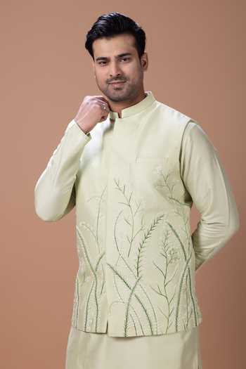 Priyanka Haralalka Mint Silk, Cotton Hand Painted Leaf Bundi Kurta Set Online at Aza Fashions Priyanka Haralalka_Mint Silk, Cotton Hand Painted Leaf Bundi Kurta Set _Online_at_Aza_Fashions