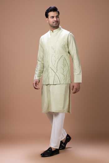 Buy Priyanka Haralalka Mint Silk, Cotton Hand Painted Leaf Bundi Kurta Set Online at Aza Fashions Buy_Priyanka Haralalka_Mint Silk, Cotton Hand Painted Leaf Bundi Kurta Set _Online_at_Aza_Fashions