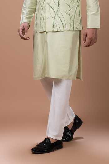 Shop Priyanka Haralalka Mint Silk, Cotton Hand Painted Leaf Bundi Kurta Set Online at Aza Fashions Shop_Priyanka Haralalka_Mint Silk, Cotton Hand Painted Leaf Bundi Kurta Set _Online_at_Aza_Fashions