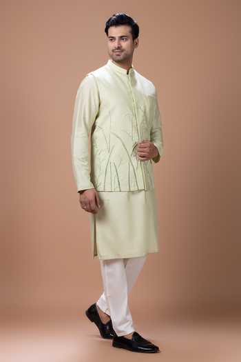 Priyanka Haralalka Mint Silk, Cotton Hand Painted Leaf Bundi Kurta Set at Aza Fashions Priyanka Haralalka_Mint Silk, Cotton Hand Painted Leaf Bundi Kurta Set _at_Aza_Fashions
