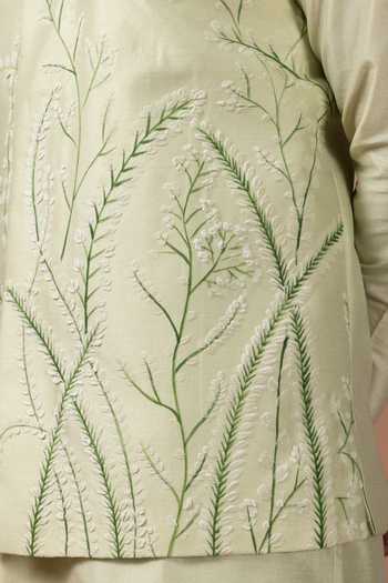 Buy Priyanka Haralalka Mint Silk, Cotton Hand Painted Leaf Bundi Kurta Set Buy_Priyanka Haralalka_Mint Silk, Cotton Hand Painted Leaf Bundi Kurta Set