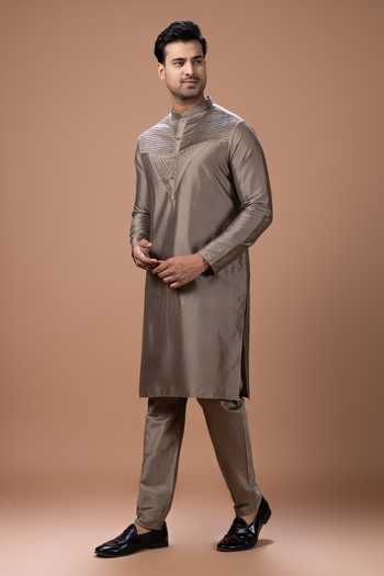 Shop_Priyanka Haralalka_Grey Silk, Cotton Kurta And Pyjama Set _Online_at_Aza_Fashions