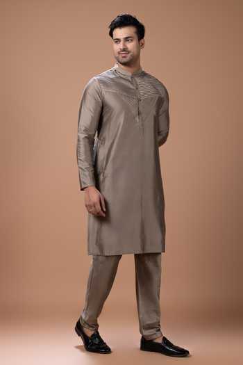 Priyanka Haralalka_Grey Silk, Cotton Kurta And Pyjama Set _at_Aza_Fashions