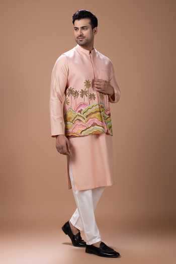 Priyanka Haralalka Pink Silk, Cotton Embroidery Kurta Set With Bundi Online at Aza Fashions Priyanka Haralalka_Pink Silk, Cotton Embroidery Kurta Set With Bundi _Online_at_Aza_Fashions