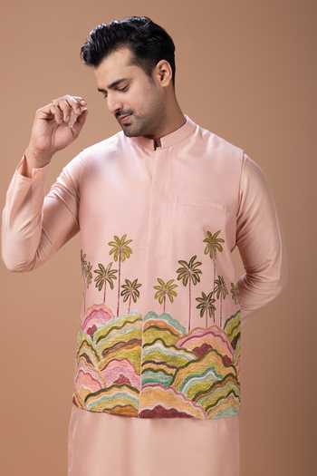 Buy Priyanka Haralalka Pink Silk, Cotton Embroidery Kurta Set With Bundi Buy_Priyanka Haralalka_Pink Silk, Cotton Embroidery Kurta Set With Bundi