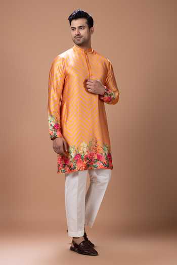 Priyanka Haralalka Orange Satin Printed Kurta And Pyjama Set Online at Aza Fashions Priyanka Haralalka_Orange Satin Printed Kurta And Pyjama Set _Online_at_Aza_Fashions