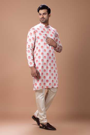 Buy_Priyanka Haralalka_Red Satin Printed Kurta And Pyjama Set _Online_at_Aza_Fashions