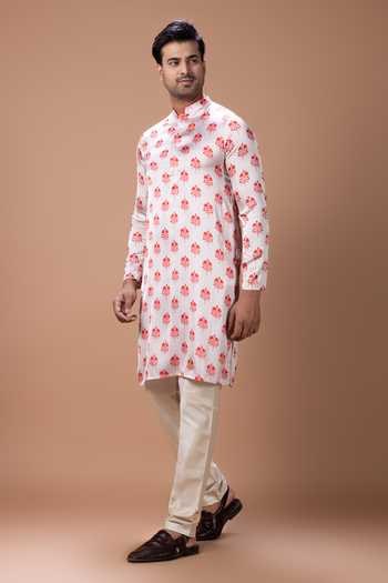 Shop_Priyanka Haralalka_Red Satin Printed Kurta And Pyjama Set _Online_at_Aza_Fashions