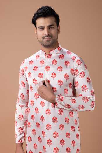 Priyanka Haralalka_Red Satin Printed Kurta And Pyjama Set _at_Aza_Fashions