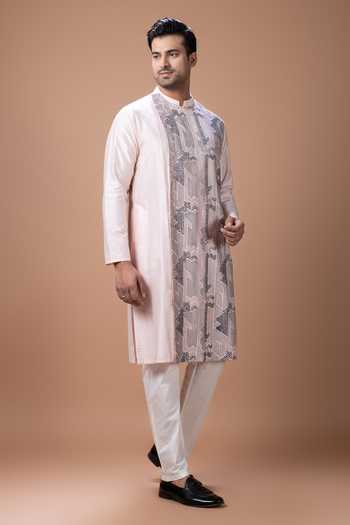 Shop Priyanka Haralalka Pink Silk, Cotton Embroidered Kurta Set Online at Aza Fashions Shop_Priyanka Haralalka_Pink Silk, Cotton Embroidered Kurta Set _Online_at_Aza_Fashions