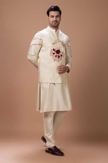 Buy Priyanka Haralalka Beige Silk, Cotton Embroidery, Thread Embroidery, Machine Kurta Set With Bundi Online at Aza Fashions Buy_Priyanka Haralalka_Beige Silk, Cotton Embroidery, Thread Embroidery, Machine Kurta Set With Bundi _Online_at_Aza_Fashions