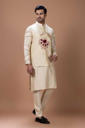 Shop Priyanka Haralalka Beige Silk, Cotton Embroidery, Thread Embroidery, Machine Kurta Set With Bundi Online at Aza Fashions Shop_Priyanka Haralalka_Beige Silk, Cotton Embroidery, Thread Embroidery, Machine Kurta Set With Bundi _Online_at_Aza_Fashions