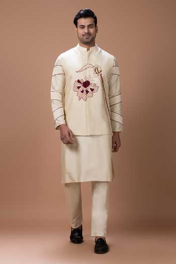 Priyanka Haralalka Beige Silk, Cotton Embroidery, Thread Embroidery, Machine Kurta Set With Bundi at Aza Fashions Priyanka Haralalka_Beige Silk, Cotton Embroidery, Thread Embroidery, Machine Kurta Set With Bundi _at_Aza_Fashions