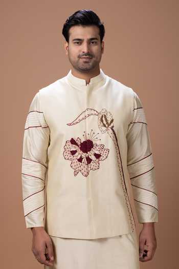 Buy Priyanka Haralalka Beige Silk, Cotton Embroidery, Thread Embroidery, Machine Kurta Set With Bundi Buy_Priyanka Haralalka_Beige Silk, Cotton Embroidery, Thread Embroidery, Machine Kurta Set With Bundi