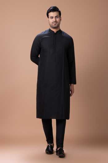 Buy_Priyanka Haralalka_Black Silk, Cotton Embroidery, Zari Bundi Kurta Set _Online_at_Aza_Fashions