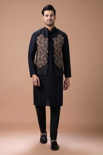 Shop_Priyanka Haralalka_Black Silk, Cotton Embroidery, Zari Bundi Kurta Set _Online_at_Aza_Fashions