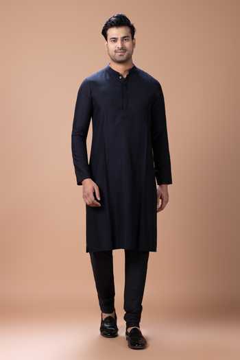 Buy_Priyanka Haralalka_Black Silk, Cotton Nehru Jacket And Kurta Set _Online_at_Aza_Fashions