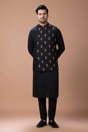 Shop_Priyanka Haralalka_Black Silk, Cotton Nehru Jacket And Kurta Set _Online_at_Aza_Fashions