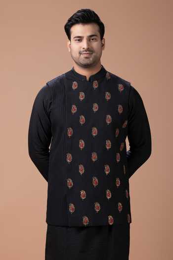 Priyanka Haralalka_Black Silk, Cotton Nehru Jacket And Kurta Set _at_Aza_Fashions