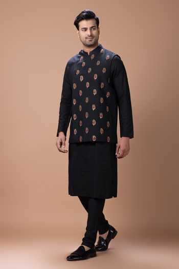 Buy_Priyanka Haralalka_Black Silk, Cotton Nehru Jacket And Kurta Set 